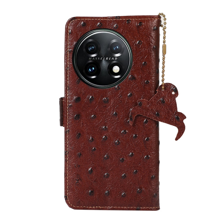 For OnePlus 11 5G Ostrich Pattern Genuine Leather RFID Phone Case(Coffee) - OnePlus Cases by buy2fix | Online Shopping UK | buy2fix