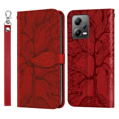 For Xiaomi Poco X5 Life Tree Embossing Pattern Leather Phone Case(Red) - Xiaomi Cases by buy2fix | Online Shopping UK | buy2fix