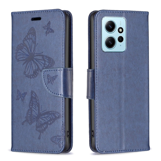 For Xiaomi Redmi Note 12 4G Global Two Butterflies Embossing Leather Phone Case(Blue) - Note 12 Cases by buy2fix | Online Shopping UK | buy2fix