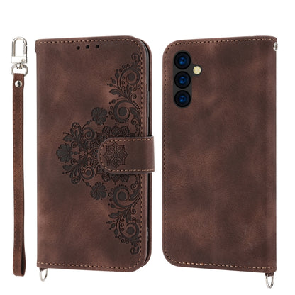For Samsung Galaxy A24 4G Global Skin-feel Flowers Embossed Wallet Leather Phone Case(Brown) - Galaxy Phone Cases by buy2fix | Online Shopping UK | buy2fix