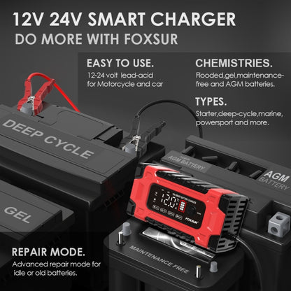 FOXSUR 12V / 24V / 10A Car / Motorcycle Battery Smart Repair Lead-acid Battery Charger, Plug Type:UK Plug - Battery Charger by FOXSUR | Online Shopping UK | buy2fix