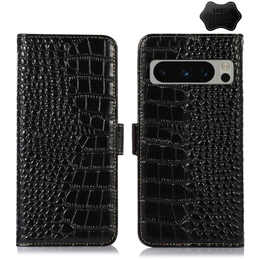 For Google Pixel 8 Pro Crocodile Top Layer Cowhide Leather Phone Case(Black) - Google Cases by buy2fix | Online Shopping UK | buy2fix