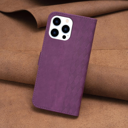 For iPhone 14 Pro Plaid Embossed Leather Phone Case(Purple) - iPhone 14 Pro Cases by buy2fix | Online Shopping UK | buy2fix