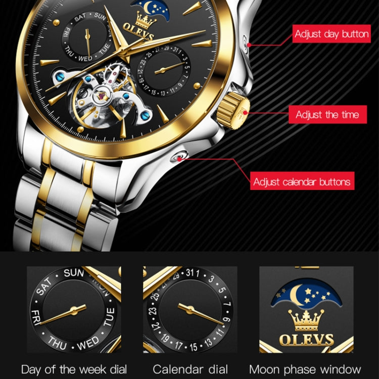 OLEVS 6663 Men Multifunctional Waterproof Hollow Steel Strap Mechanical Watch(Black + Gold) - Metal Strap Watches by buy2fix | Online Shopping UK | buy2fix