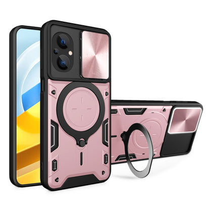 For Xiaomi Poco M5 5G CD Texture Sliding Camshield Magnetic Holder Phone Case(Pink) - Poco M5 Cases by buy2fix | Online Shopping UK | buy2fix