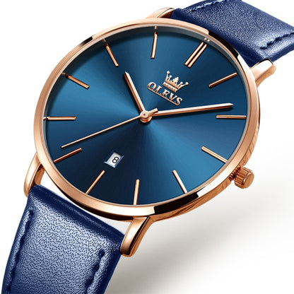 OLEVS 5869 Men Business Waterproof Genuine Leather Strap Quartz Watch(Blue + Blue) - Leather Strap Watches by OLEVS | Online Shopping UK | buy2fix