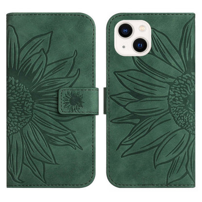 For iPhone 15 Skin Feel Sun Flower Embossed Flip Leather Phone Case with Lanyard(Green) - iPhone 15 Cases by buy2fix | Online Shopping UK | buy2fix