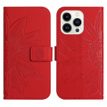 For iPhone 15 Pro Skin Feel Sun Flower Embossed Flip Leather Phone Case with Lanyard(Red) - iPhone 15 Pro Cases by buy2fix | Online Shopping UK | buy2fix