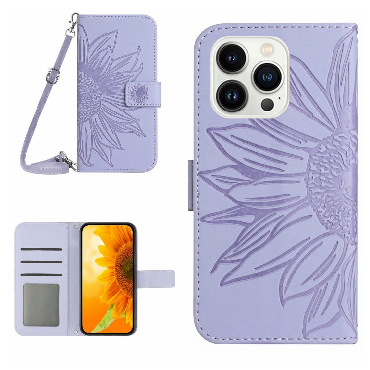 For iPhone 15 Pro Max Skin Feel Sun Flower Embossed Flip Leather Phone Case with Lanyard(Purple) - iPhone 15 Pro Max Cases by buy2fix | Online Shopping UK | buy2fix
