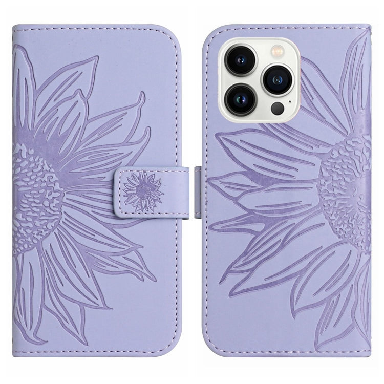 For iPhone 15 Pro Max Skin Feel Sun Flower Embossed Flip Leather Phone Case with Lanyard(Purple) - iPhone 15 Pro Max Cases by buy2fix | Online Shopping UK | buy2fix