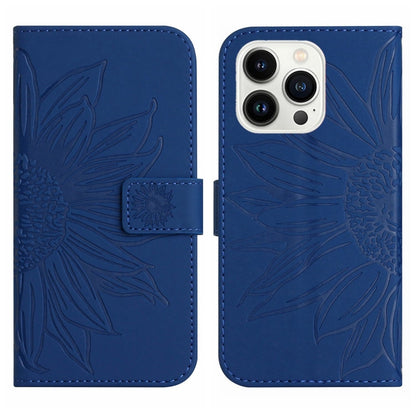 For iPhone 15 Pro Max Skin Feel Sun Flower Embossed Flip Leather Phone Case with Lanyard(Dark Blue) - iPhone 15 Pro Max Cases by buy2fix | Online Shopping UK | buy2fix