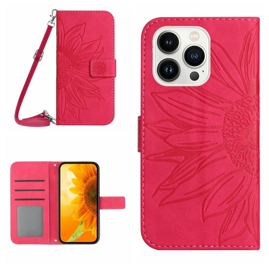 For iPhone 15 Pro Max Skin Feel Sun Flower Embossed Flip Leather Phone Case with Lanyard(Rose Red) - iPhone 15 Pro Max Cases by buy2fix | Online Shopping UK | buy2fix