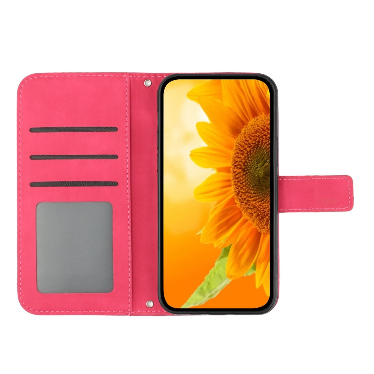 For iPhone 15 Pro Max Skin Feel Sun Flower Embossed Flip Leather Phone Case with Lanyard(Rose Red) - iPhone 15 Pro Max Cases by buy2fix | Online Shopping UK | buy2fix
