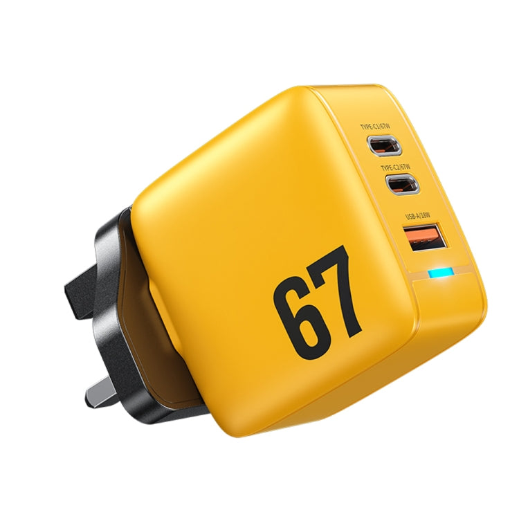 WK WP-U141 67W USB+Double USB-C / Type-C GaN Charger, Plug:UK Plug(Yellow) - USB Charger by WK | Online Shopping UK | buy2fix