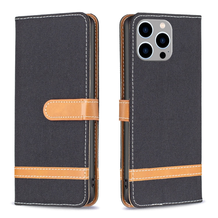 For iPhone 15 Pro Max Color Block Denim Texture Leather Phone Case(Black) - iPhone 15 Pro Max Cases by buy2fix | Online Shopping UK | buy2fix