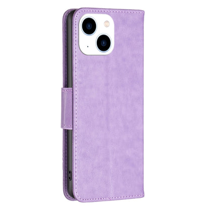 For iPhone 15 Embossing Two Butterflies Pattern Leather Phone Case(Purple) - iPhone 15 Cases by buy2fix | Online Shopping UK | buy2fix