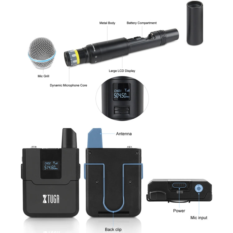 XTUGA A140-HB Wireless Microphone System 4 Channel Handheld Lavalier Headset Microphone(EU Plug) - Microphone by XTUGA | Online Shopping UK | buy2fix