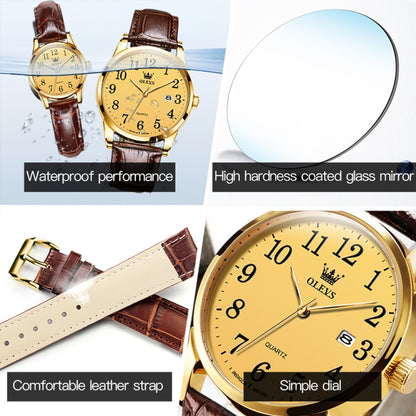 OLEVS 5566 Men Simple Single Calendar Waterproof Quartz Watch(Gold) - Leather Strap Watches by OLEVS | Online Shopping UK | buy2fix