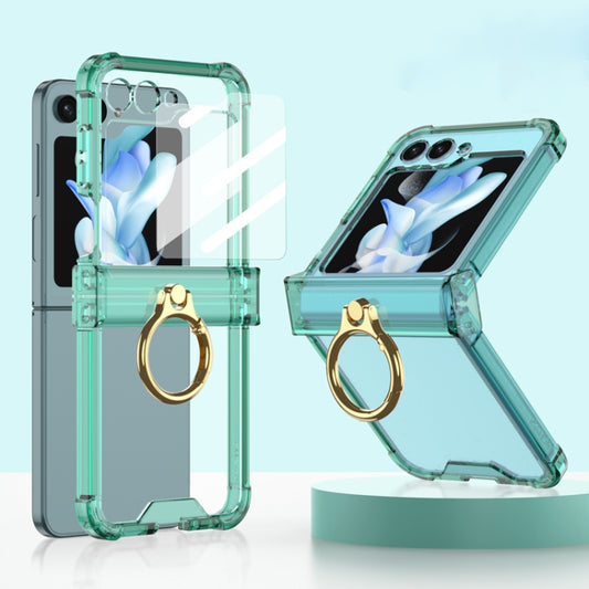 For Samsung Galaxy Z Flip5 Gkk Airbag Hinge Silicone Phone Case with Ring Holder & Tempered Film(Transparent Green) - Galaxy Z Flip5 Cases by GKK | Online Shopping UK | buy2fix