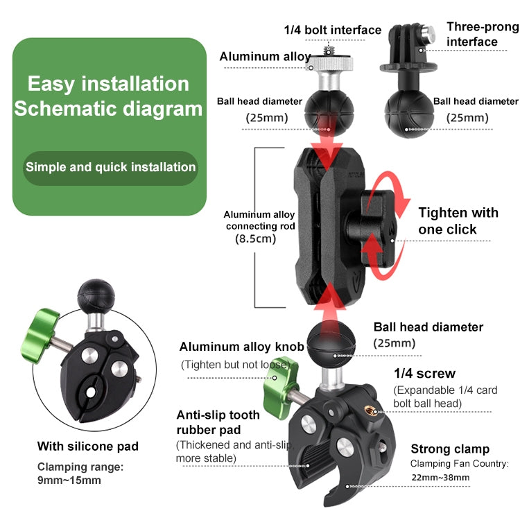 RUIGPRO Crab Clamp Action Camera Bracket 1/4 Ball Head Mount with Rod - Holder by RUIGPRO | Online Shopping UK | buy2fix