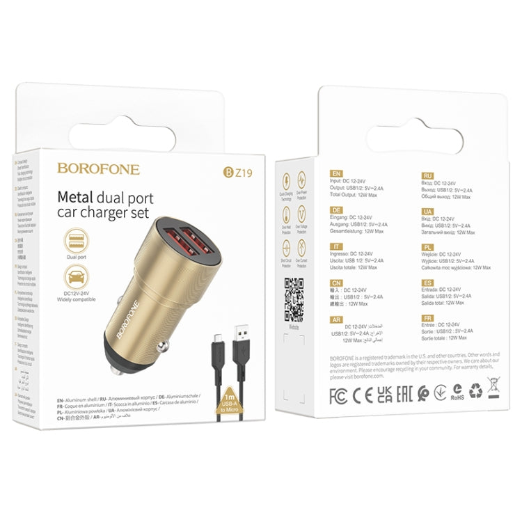 BOROFONE BZ19 Wisdom Dual USB Ports Car Charger with USB to Micro USB Cable(Gold) - Car Charger by Borofone | Online Shopping UK | buy2fix