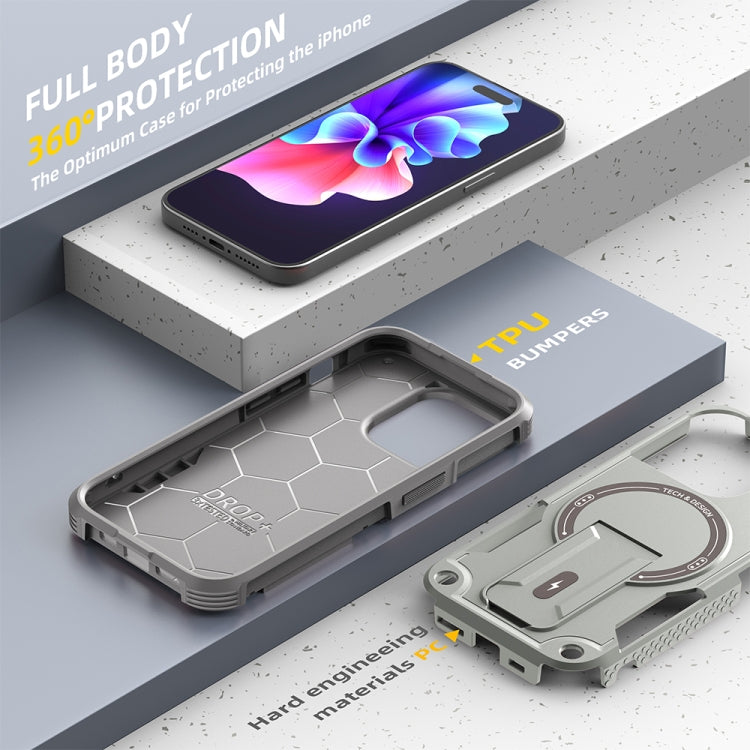For iPhone 15 Plus MagSafe Holder Armor PC Hybrid TPU Phone Case(Grey) - iPhone 15 Plus Cases by buy2fix | Online Shopping UK | buy2fix