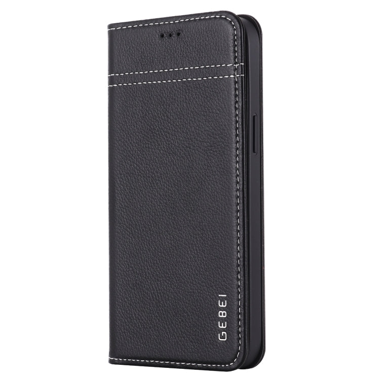 For iPhone 12 / 12 Pro GEBEI Top-grain Leather Horizontal Flip Protective Case with Holder & Card Slots(Black) - iPhone 12 / 12 Pro Cases by GEBEI | Online Shopping UK | buy2fix