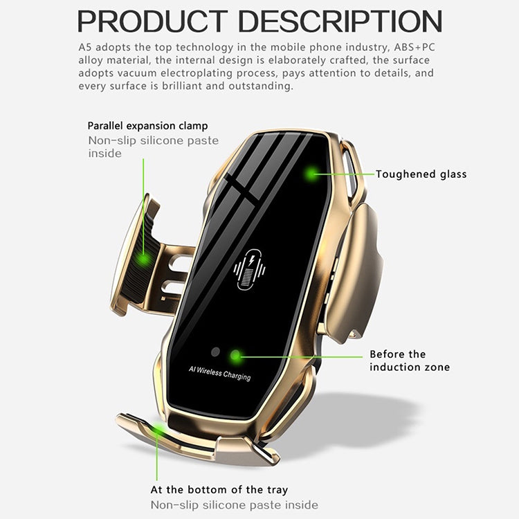 A5 10W Car Infrared Wireless Mobile Auto-sensing Phone Charger Holder, Interface：USB-C / Type-C(Gold) - In Car by buy2fix | Online Shopping UK | buy2fix