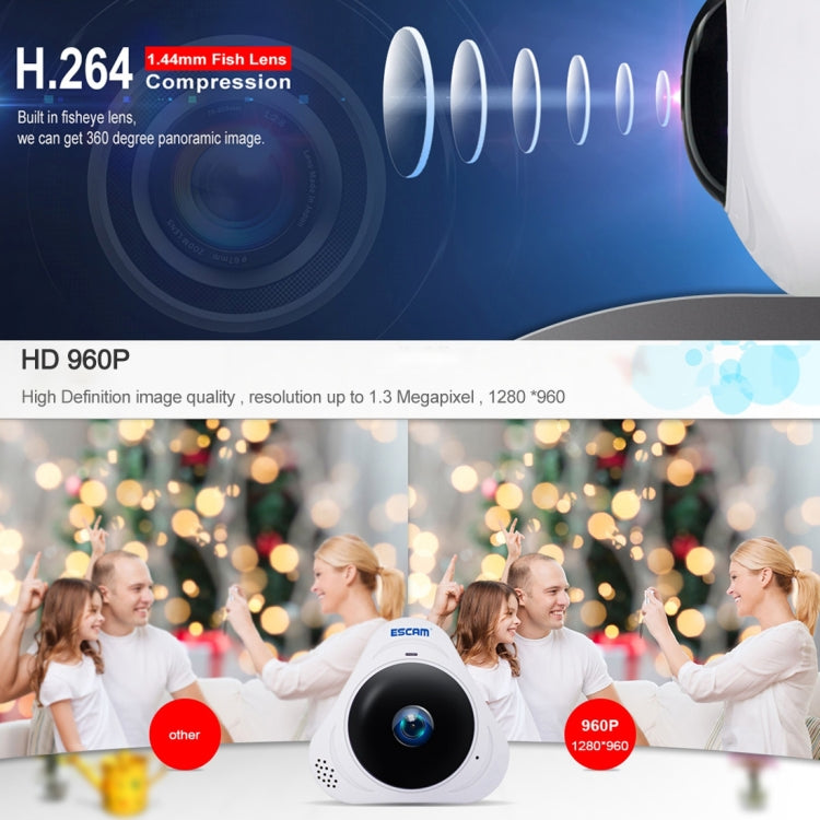 ESCAM Q8 960P 360 Degrees Fisheye Lens 1.3MP WiFi IP Camera, Support Motion Detection / Night Vision, IR Distance: 5-10m, UK Plug(White) - Security by ESCAM | Online Shopping UK | buy2fix