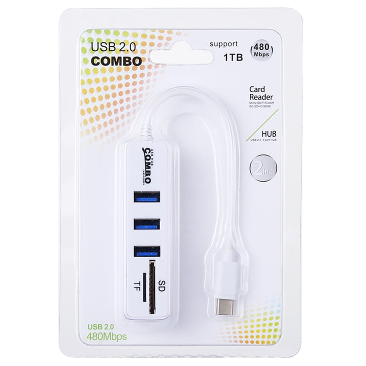 2 in 1 TF & SD Card Reader + 3 x USB Ports to USB-C / Type-C HUB Converter, Total Length: 24cm(White) - Computer & Networking by buy2fix | Online Shopping UK | buy2fix