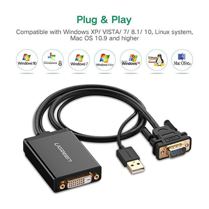 UGREEN MM119 1080P Full HD VGA to DVI (24+1) Male to Female Adapter Cable for Computer, PC, Laptop, HDTV, Projector, DVD Graphics Card and More VGA / DVI Enabled Devices, Cable Length: 50cm -  by UGREEN | Online Shopping UK | buy2fix