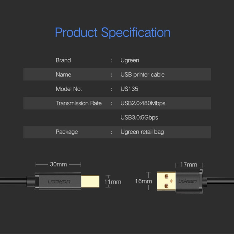 UGREEN USB 3.0 Type A Male to Type B Male Gold-plated Printer Cable Data Cable, For Canon, Epson, HP, Cable Length: 2m - USB 3.0 by UGREEN | Online Shopping UK | buy2fix