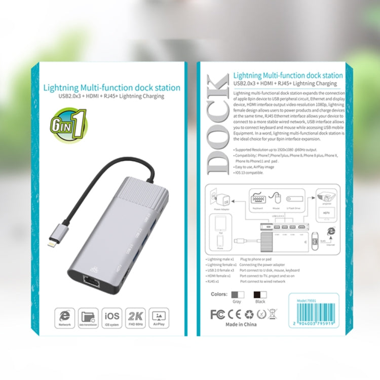 79591 6 in 1 8 Pin to RJ45 + HDMI + 8 Pin Charging + 3 USB 2.0 Ports Multifunctional HUB Converter Docking Station - Computer & Networking by buy2fix | Online Shopping UK | buy2fix