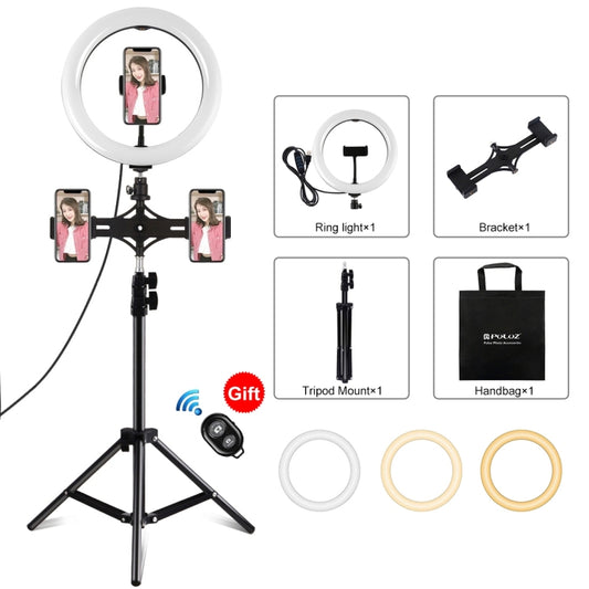 PULUZ 10.2 inch 26cm Light + 1.1m Tripod Mount + Dual Phone Brackets USB 3 Modes Dimmable Dual Color Temperature LED Curved Diffuse Light Ring Vlogging Selfie Photography Video Lights with Phone Clamp & Selfie Remote Control(Black) - Ring Light by PULUZ | Online Shopping UK | buy2fix