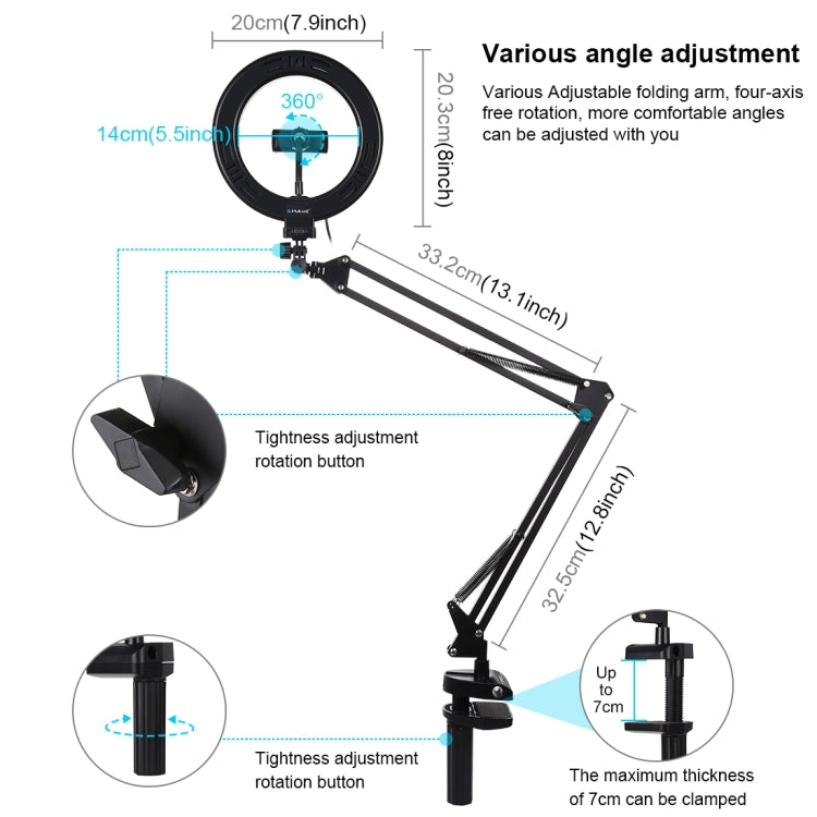 PULUZ 7.9 inch 20cm Ring Curved Light + Desktop Arm Stand USB 3 Modes Dimmable Dual Color Temperature LED Vlogging Selfie Photography Video Lights with Phone Clamp(Black) - Ring Light by PULUZ | Online Shopping UK | buy2fix