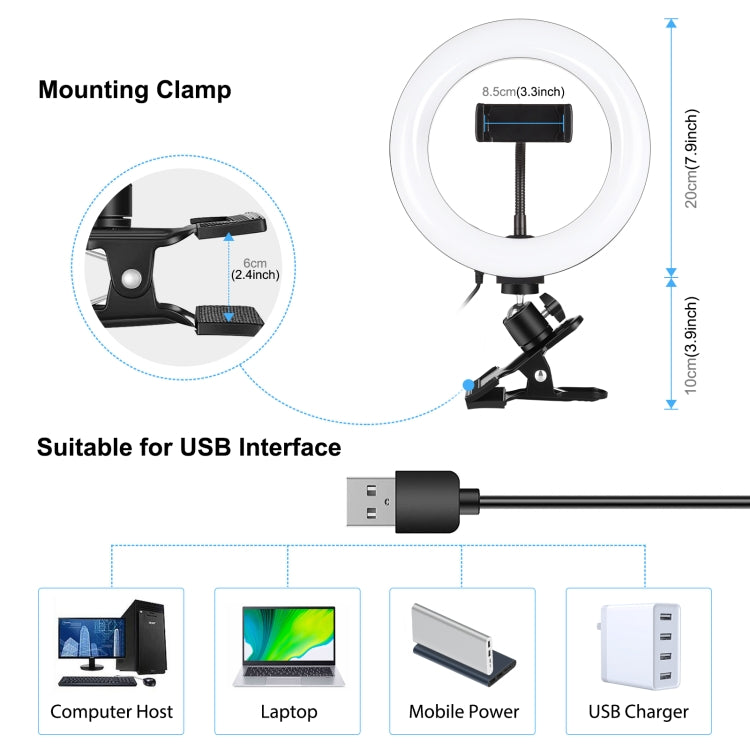 PULUZ 7.9 inch 20cm Ring Selfie Light + Monitor Clip 3 Modes USB Dimmable Dual Color Temperature LED Curved Vlogging Photography Video Lights Kits with Phone Clamp(Black) - Ring Light by PULUZ | Online Shopping UK | buy2fix