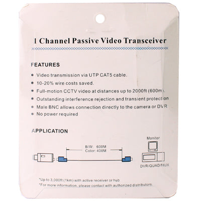 1 Channel Passive BNC Network Video Balun Transceiver - Security by buy2fix | Online Shopping UK | buy2fix