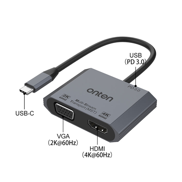 Onten M205 3 in 1 Type-C to HDMI+VGA+PD Fast Charge Video Converter (Grey) - Adapter by Onten | Online Shopping UK | buy2fix