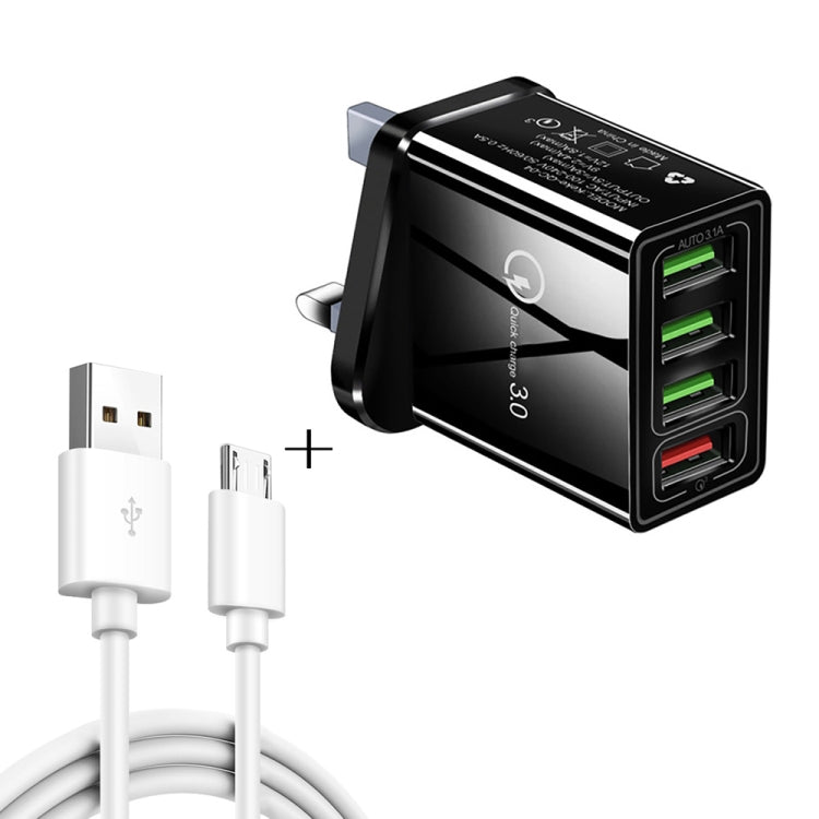 2 in 1 1m USB to Micro USB Data Cable + 30W QC 3.0 4 USB Interfaces Mobile Phone Tablet PC Universal Quick Charger Travel Charger Set, UK Plug(Black) - Mobile Accessories by buy2fix | Online Shopping UK | buy2fix