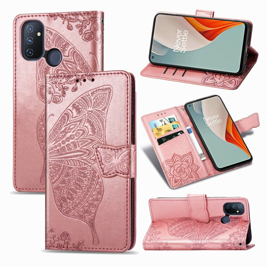 For OnePlus Nord N100 Butterfly Love Flower Embossed Horizontal Flip Leather Case with Bracket / Card Slot / Wallet / Lanyard(Rose Gold) - OnePlus Cases by buy2fix | Online Shopping UK | buy2fix