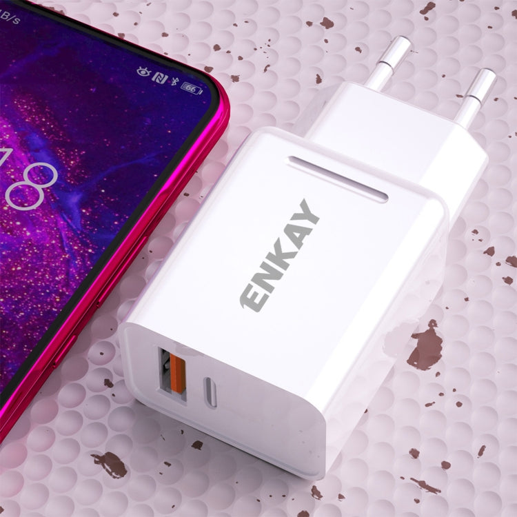 ENKAY Hat-Prince T030 18W 3A PD + QC3.0 Dual USB Fast Charging Power Adapter EU Plug Portable Travel Charger With 1m 3A 8 Pin Cable - Mobile Accessories by ENKAY | Online Shopping UK | buy2fix