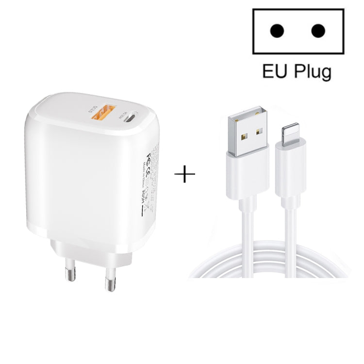 CS-20W Mini Portable PD3.0 + QC3.0 Dual Ports Fast Charger with 3A USB to 8 Pin Data Cable(EU Plug) - Apple Accessories by buy2fix | Online Shopping UK | buy2fix