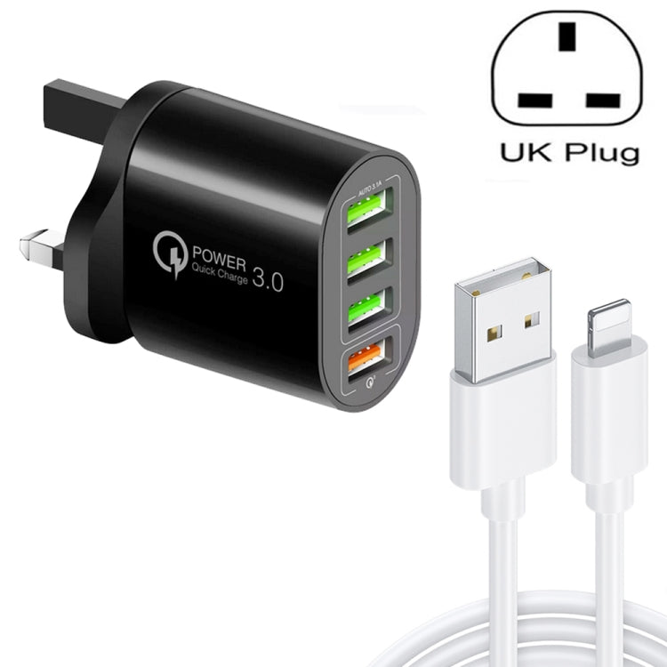 QC-04 QC3.0 + 3 x USB2.0 Multi-ports Charger with 3A USB to 8 Pin Data Cable, UK Plug(Black) - Apple Accessories by buy2fix | Online Shopping UK | buy2fix