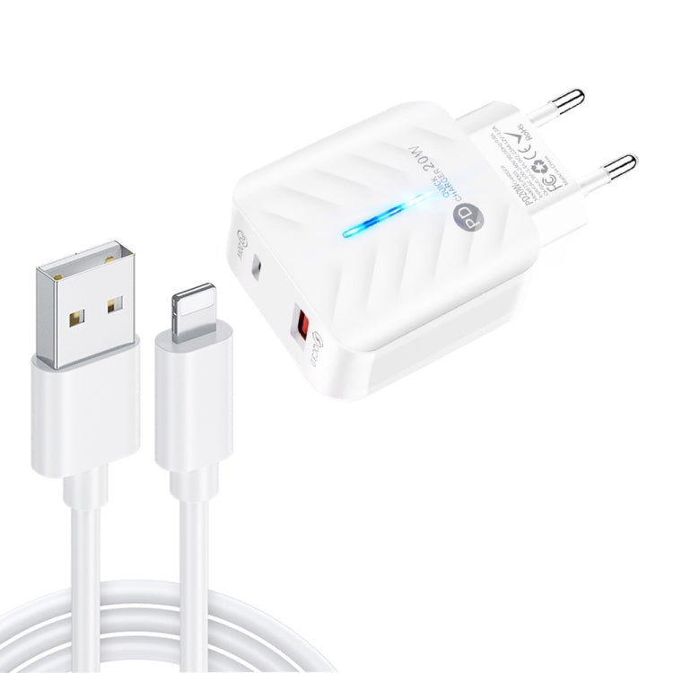 PD03 20W PD3.0 + QC3.0 USB Charger with USB to 8 Pin Data Cable, EU Plug(White) - Apple Accessories by buy2fix | Online Shopping UK | buy2fix