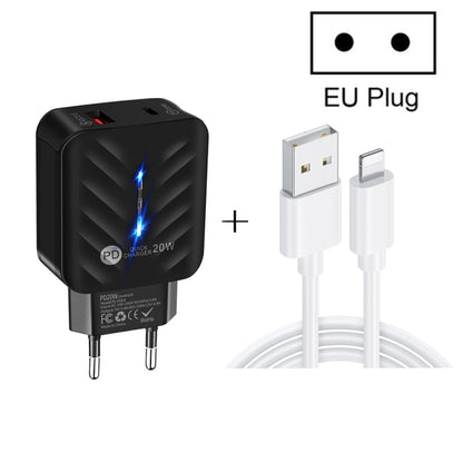 PD03 20W PD3.0 + QC3.0 USB Charger with USB to 8 Pin Data Cable, EU Plug(Black) - USB Charger by buy2fix | Online Shopping UK | buy2fix