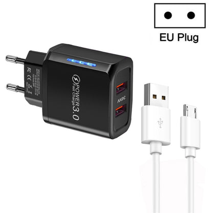 36W Dual Port QC3.0 USB Charger with 3A USB to Micro USB Data Cable, EU Plug(Black) - Mobile Accessories by buy2fix | Online Shopping UK | buy2fix
