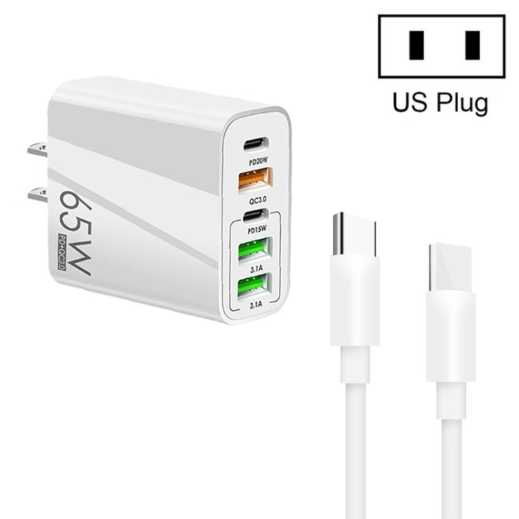 65W Dual PD Type-C + 3 x USB Multi Port Charger with 3A Type-C to Type-C Data Cable, US Plug(White) - Mobile Accessories by buy2fix | Online Shopping UK | buy2fix