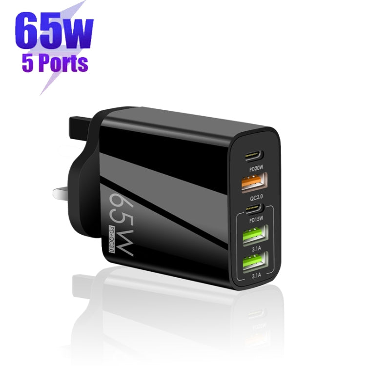 65W Dual PD Type-C + 3 x USB Multi Port Charger with 3A Type-C to Type-C Data Cable, UK Plug(Black) - Mobile Accessories by buy2fix | Online Shopping UK | buy2fix