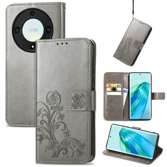 For Honor Magic5 Lite Four-leaf Clasp Embossed Buckle Leather Phone Case(Gray) - Honor Cases by buy2fix | Online Shopping UK | buy2fix
