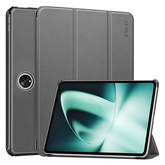 For OnePlus Pad / OPPO Pad 2 ENKAY Tri-fold Custer Texture Leather Stand Smart Case(Grey) - OPPO Cases by ENKAY | Online Shopping UK | buy2fix